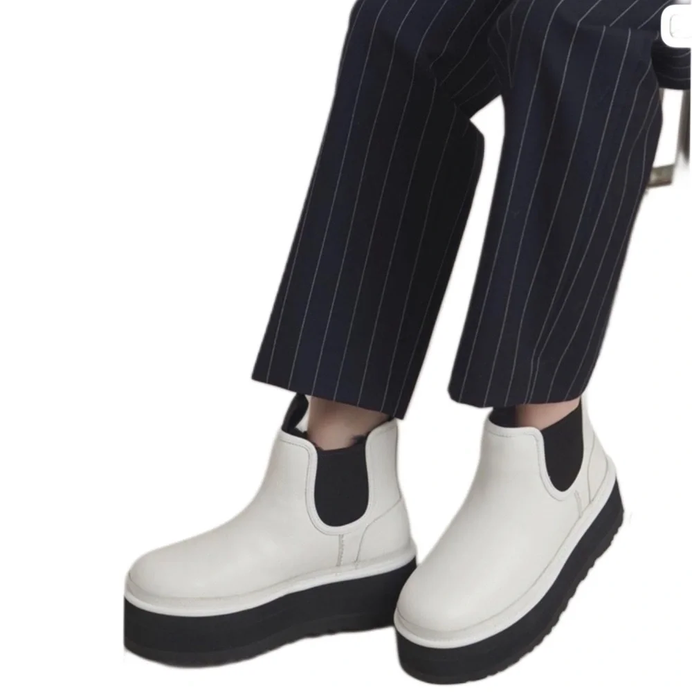 UGG Neumel Platform Pebbled White and Black Plush Chelsea Leather Boots
